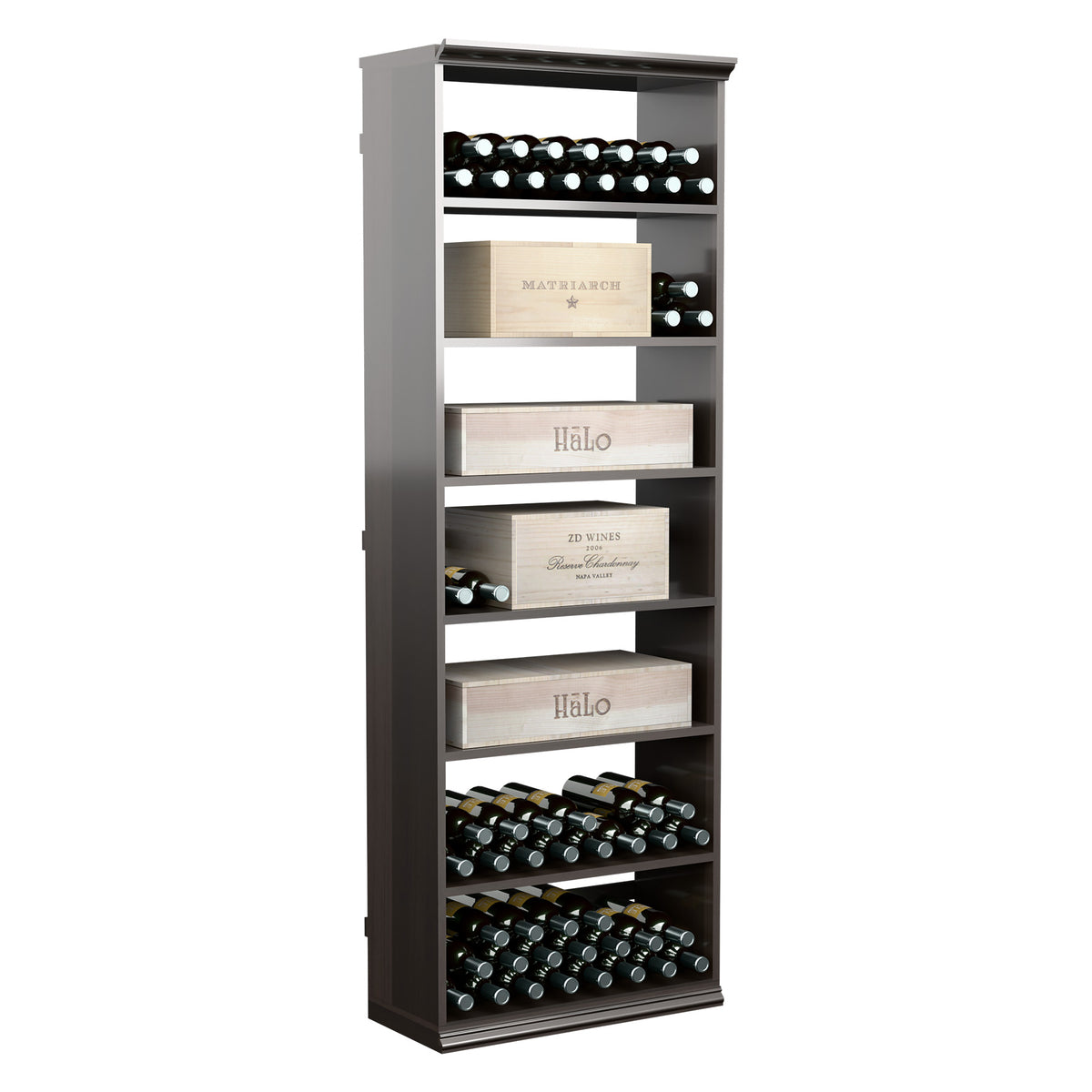 Dark wooden wine cabinet with top bottle row and stacked open shelves