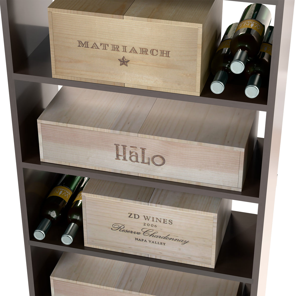 Dark wood wine organizer with labeled drawer crates and bottles on the top shelf
