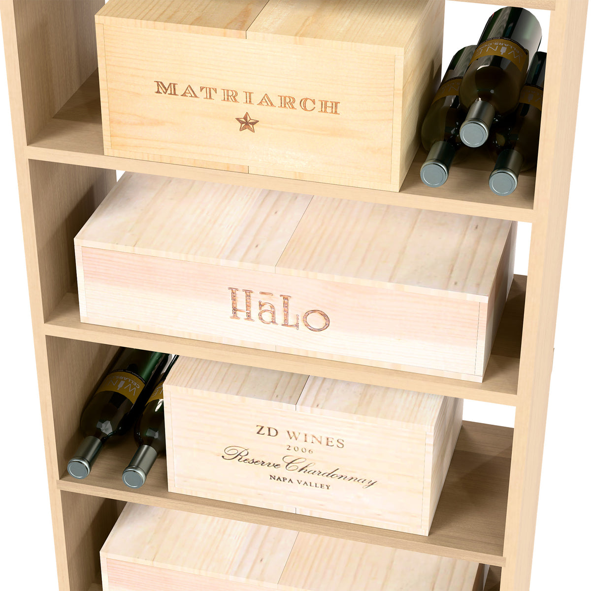 Wood wine cabinet with front open cubbies and bottle slots, stacked case drawers
