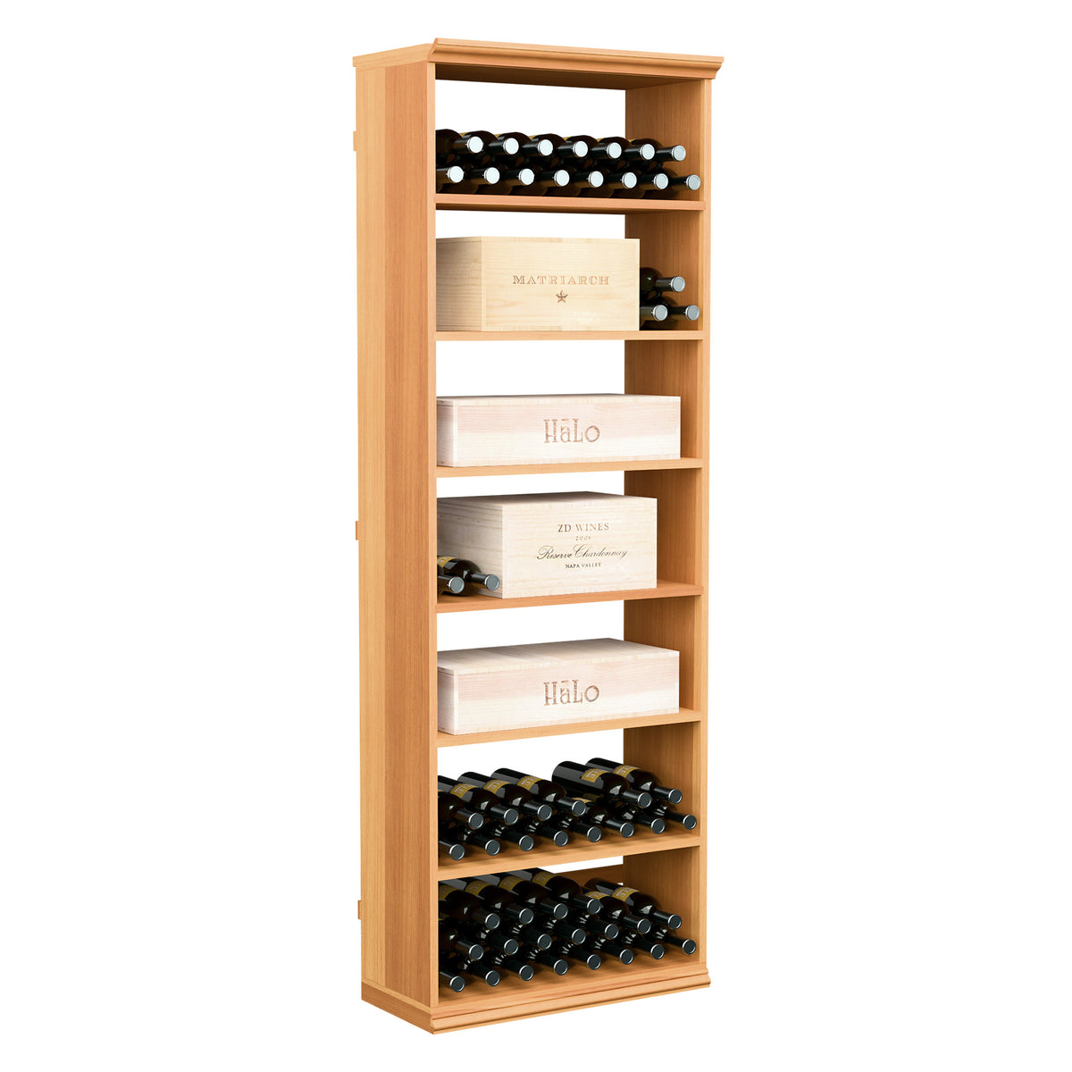 Light wood rectangular wine and case storage bin with door and bottle racks
