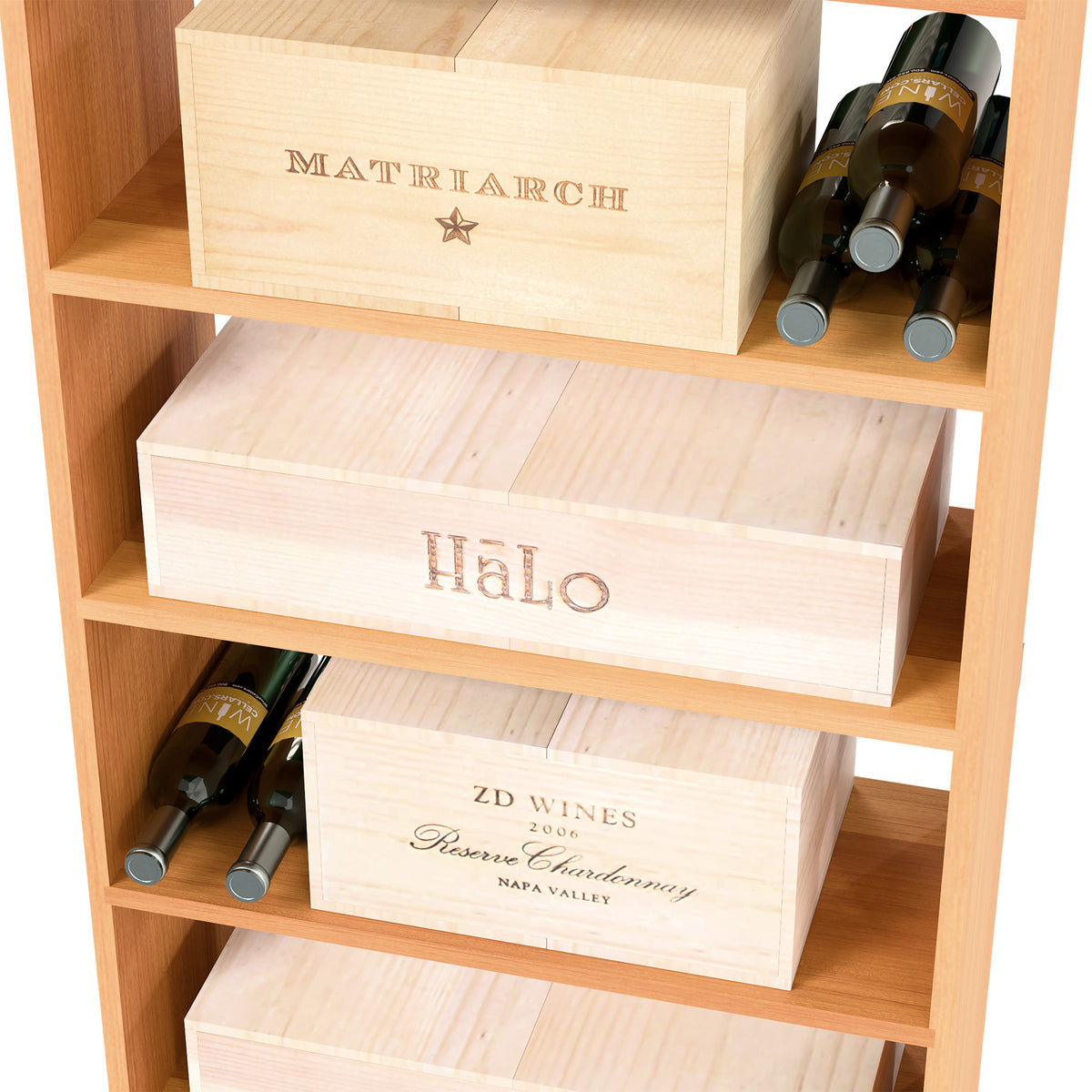 Front view of wood wine storage cabinet with label cases and bottle bottle holders