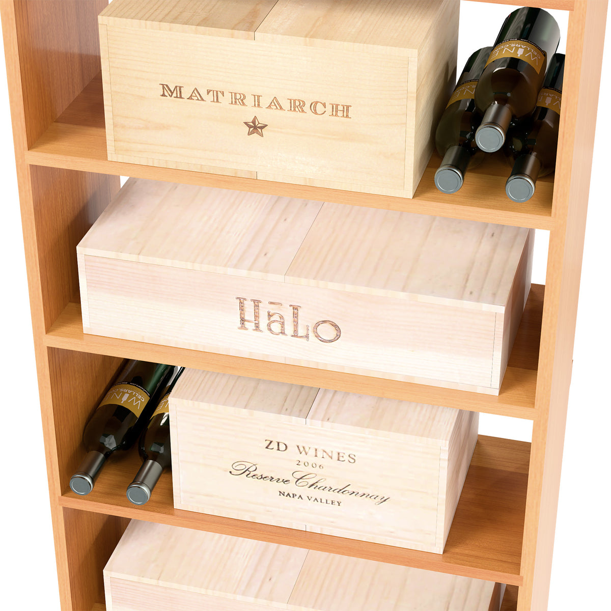 Wood wine cabinet showing open compartments with bottle slots and stacked cases