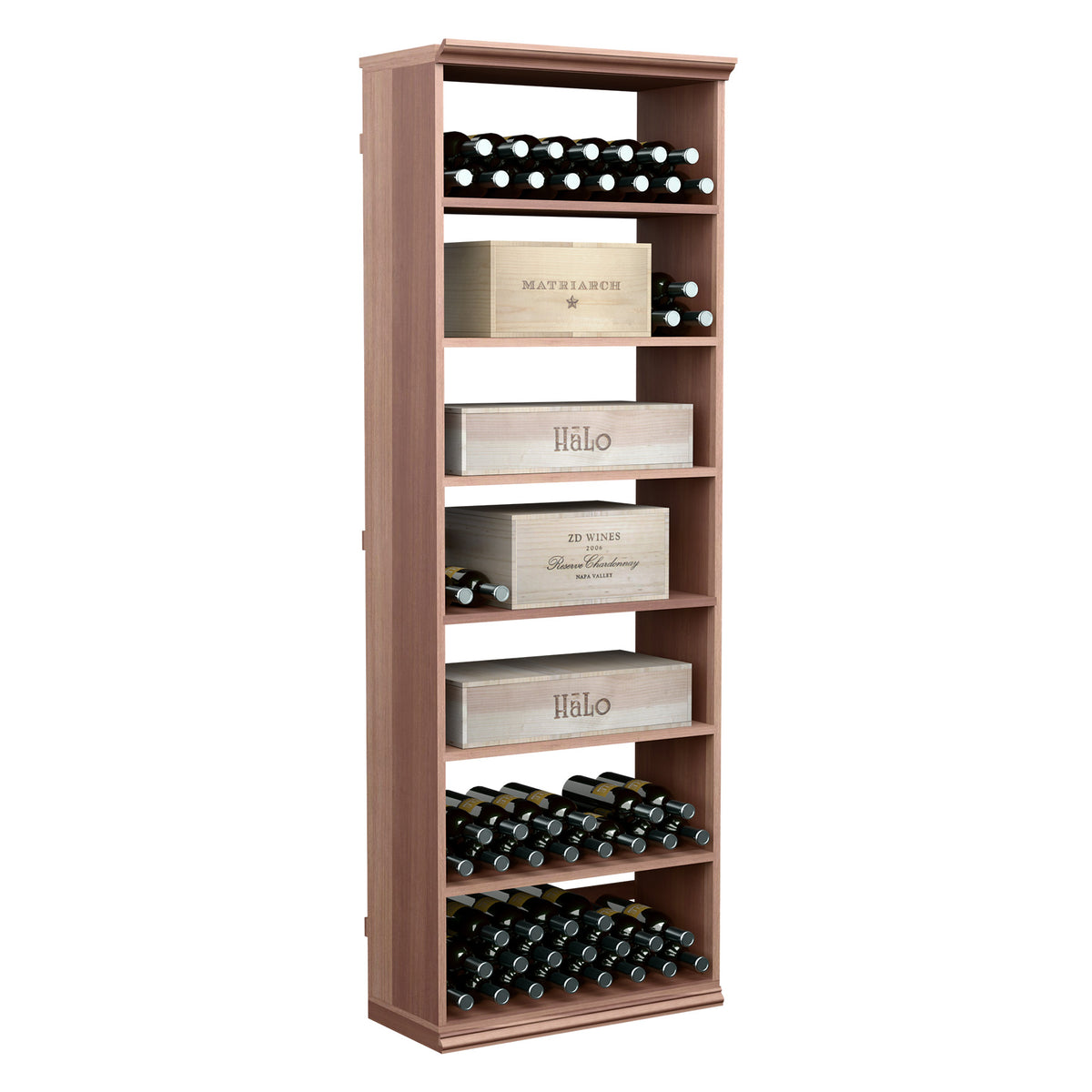 Light wood rectangular wine and case storage bin with open front bottle racks