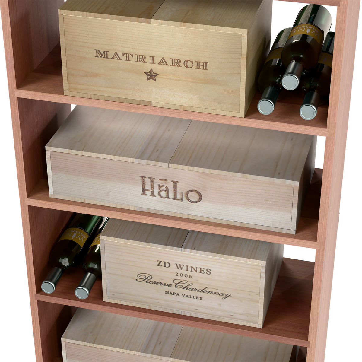 Wood wine storage cabinet front with open shelves and stacked case organizers