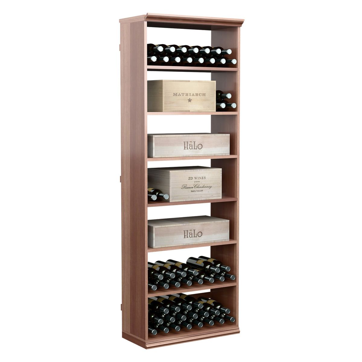 Wood wine and case storage bin cabinet with bottle slots and open shelves
