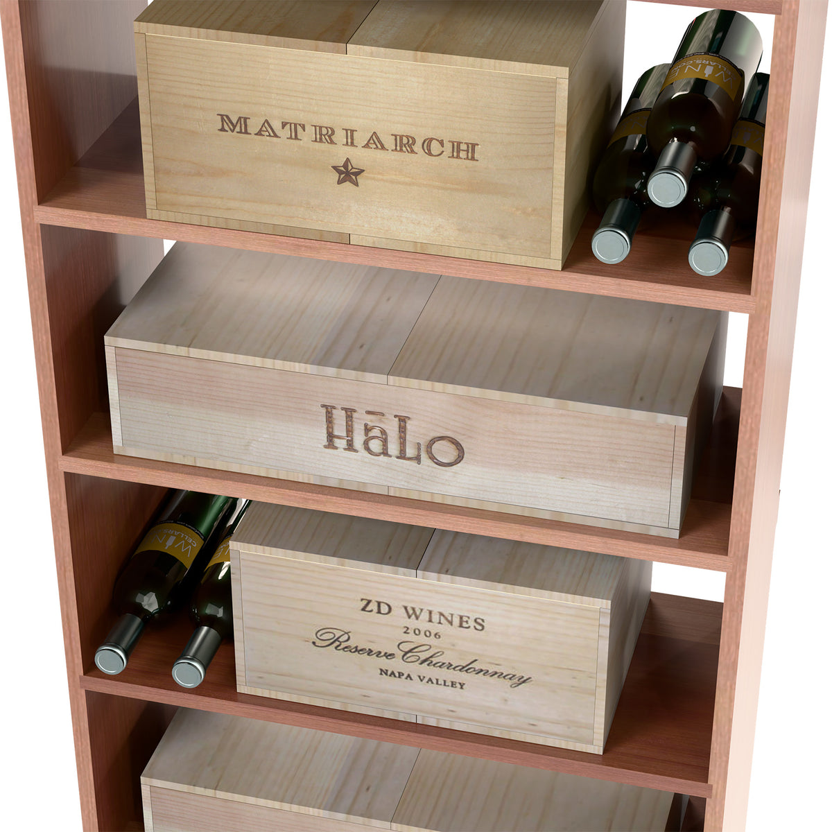 Wood wine storage cabinet with three wooden case shelves and bottle cubbies
