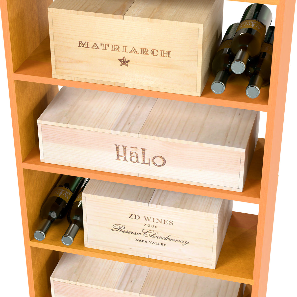 Light wood wine storage cabinet with case shelf fronts and bottle openings