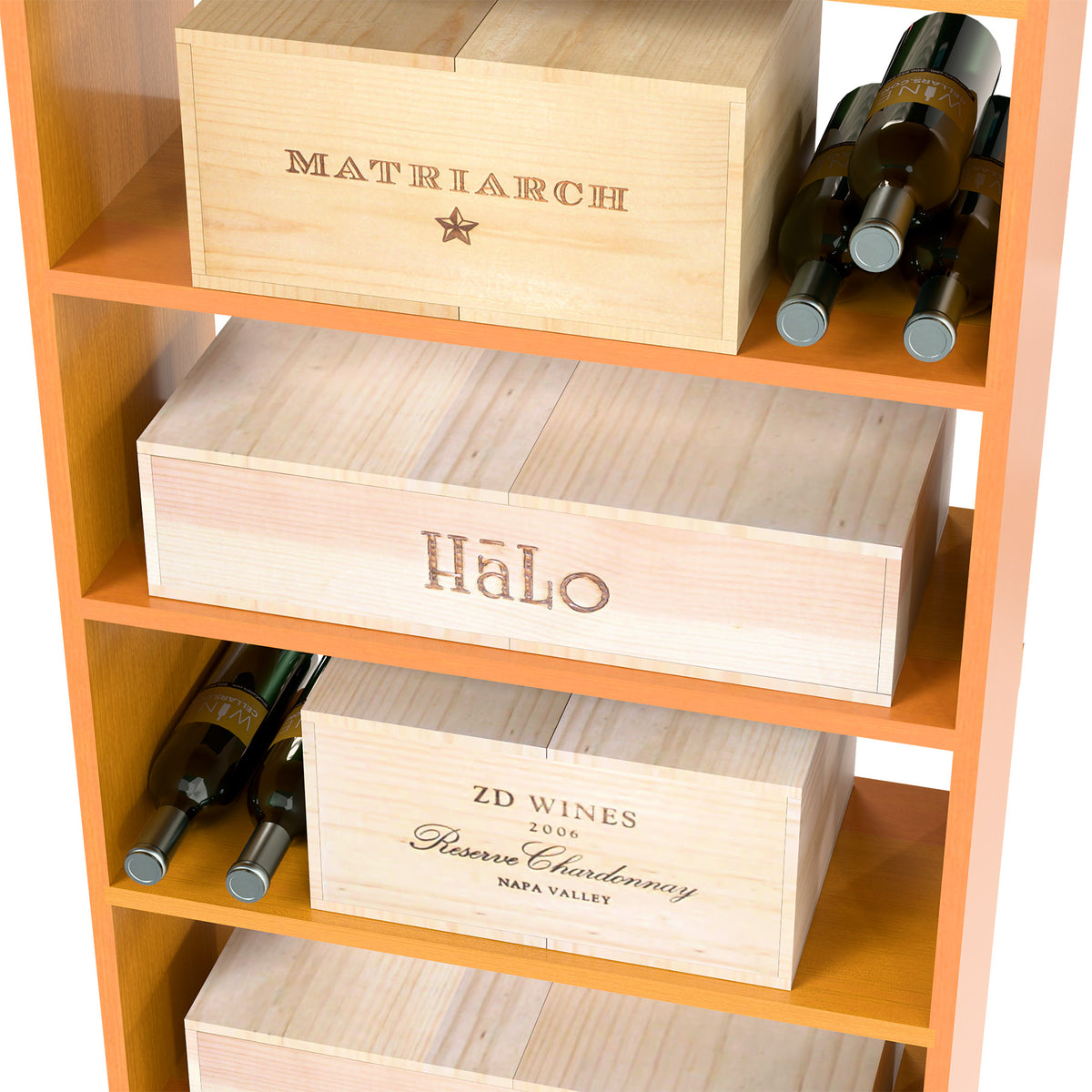 Light wood wine storage cabinet showing wooden case shelves and bottle slots