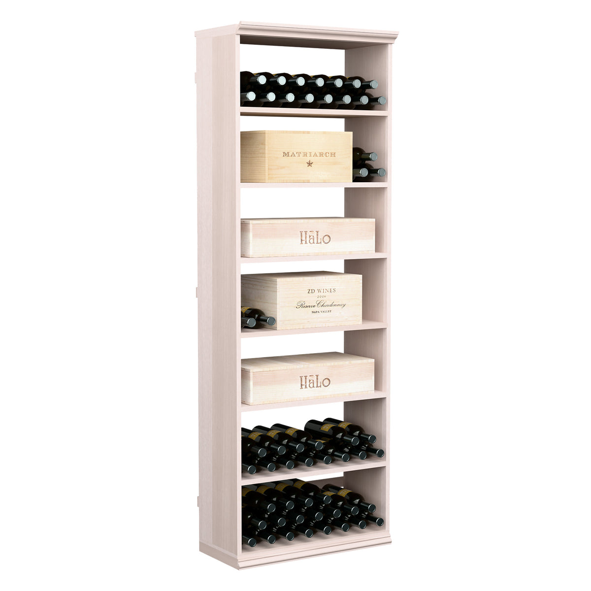 White-toned wood wine and case storage bin cabinet with bottle slots and shelves