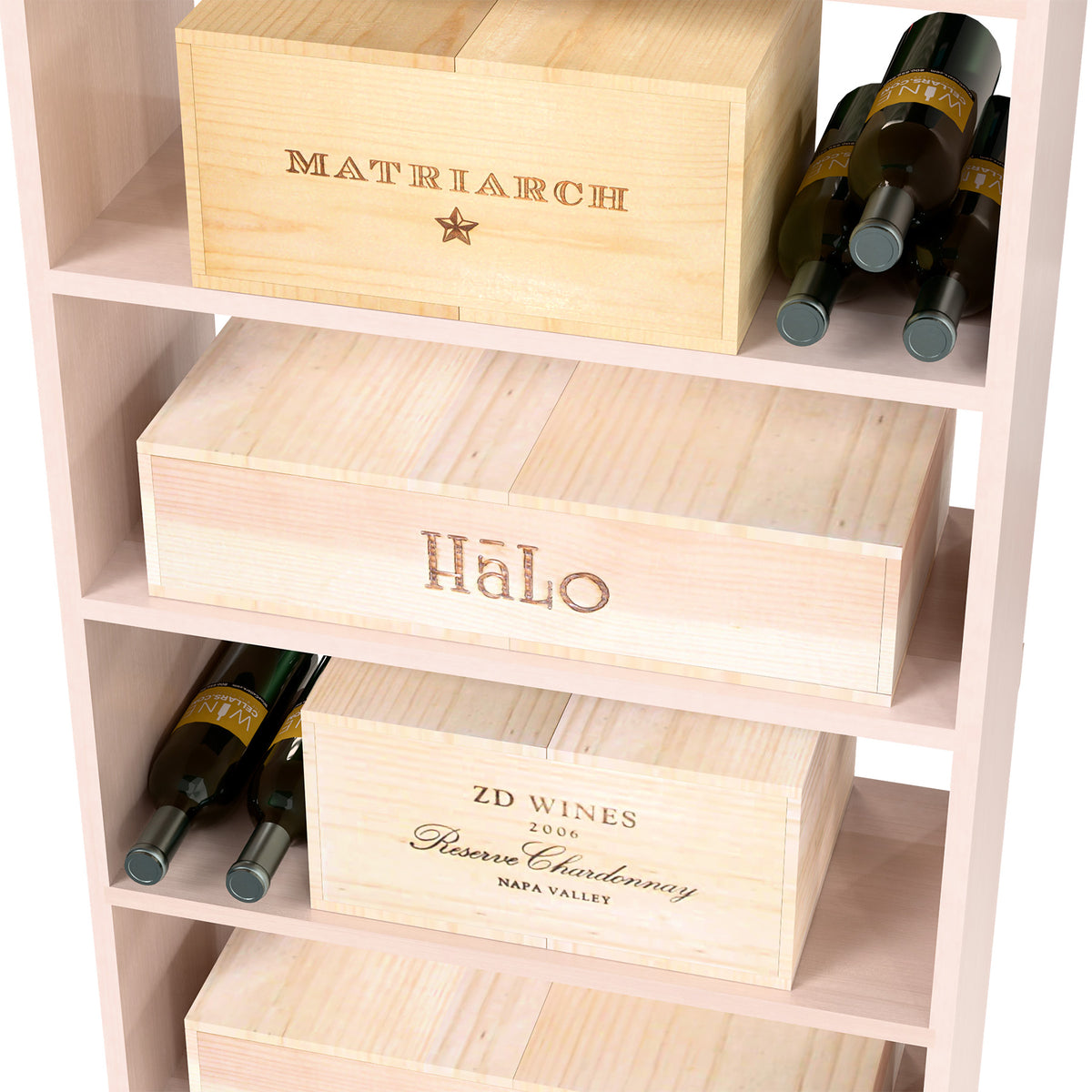 White-toned wood wine storage cabinet with case shelf fronts and bottle cubbies
