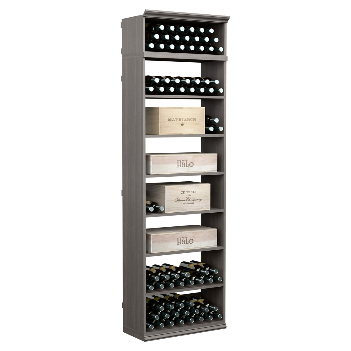 7ft wine bottle storage cabinet with open shelves and front bottle rows in dark grey