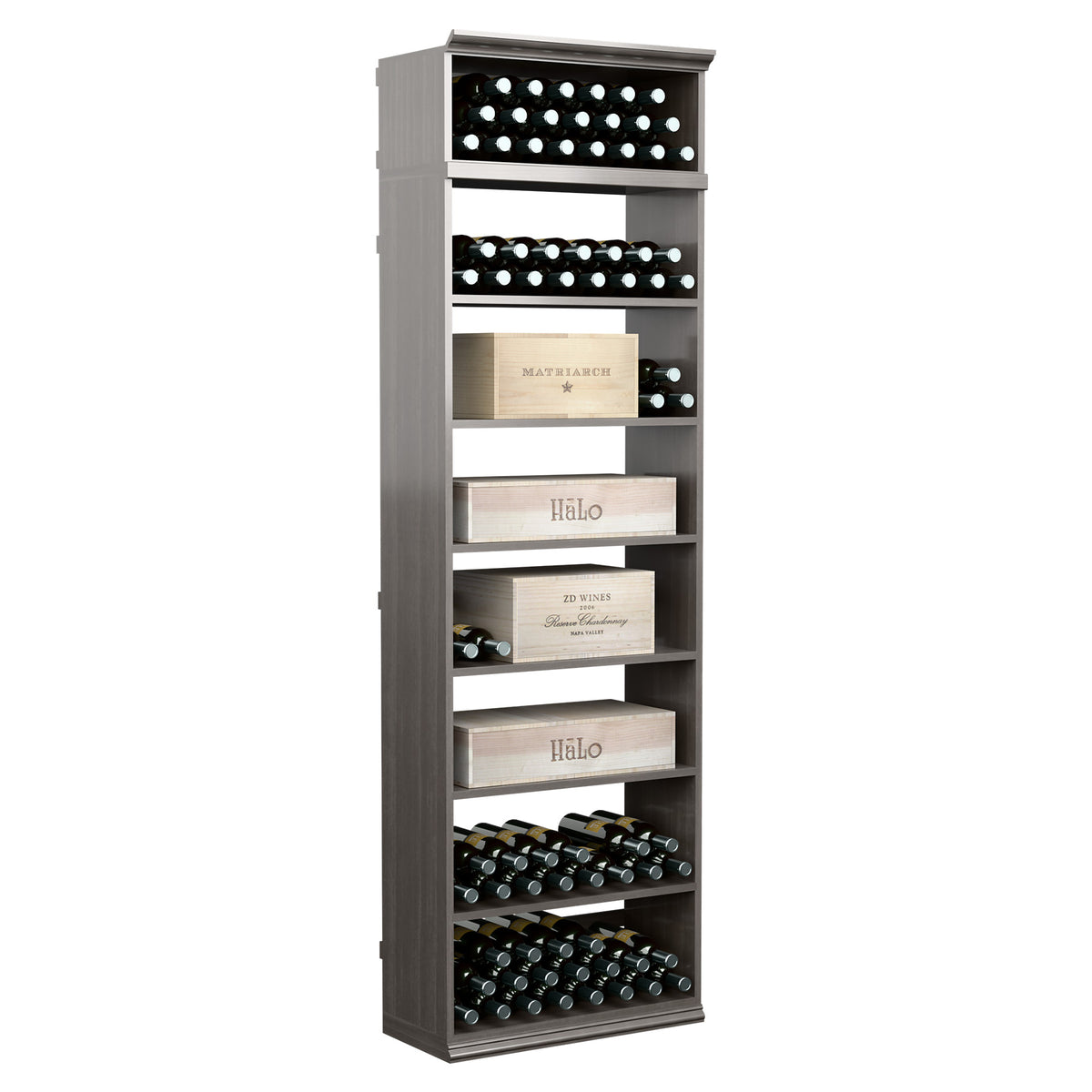 7ft wine bottle storage cabinet with stacked bottle rows and label shelves in dark grey