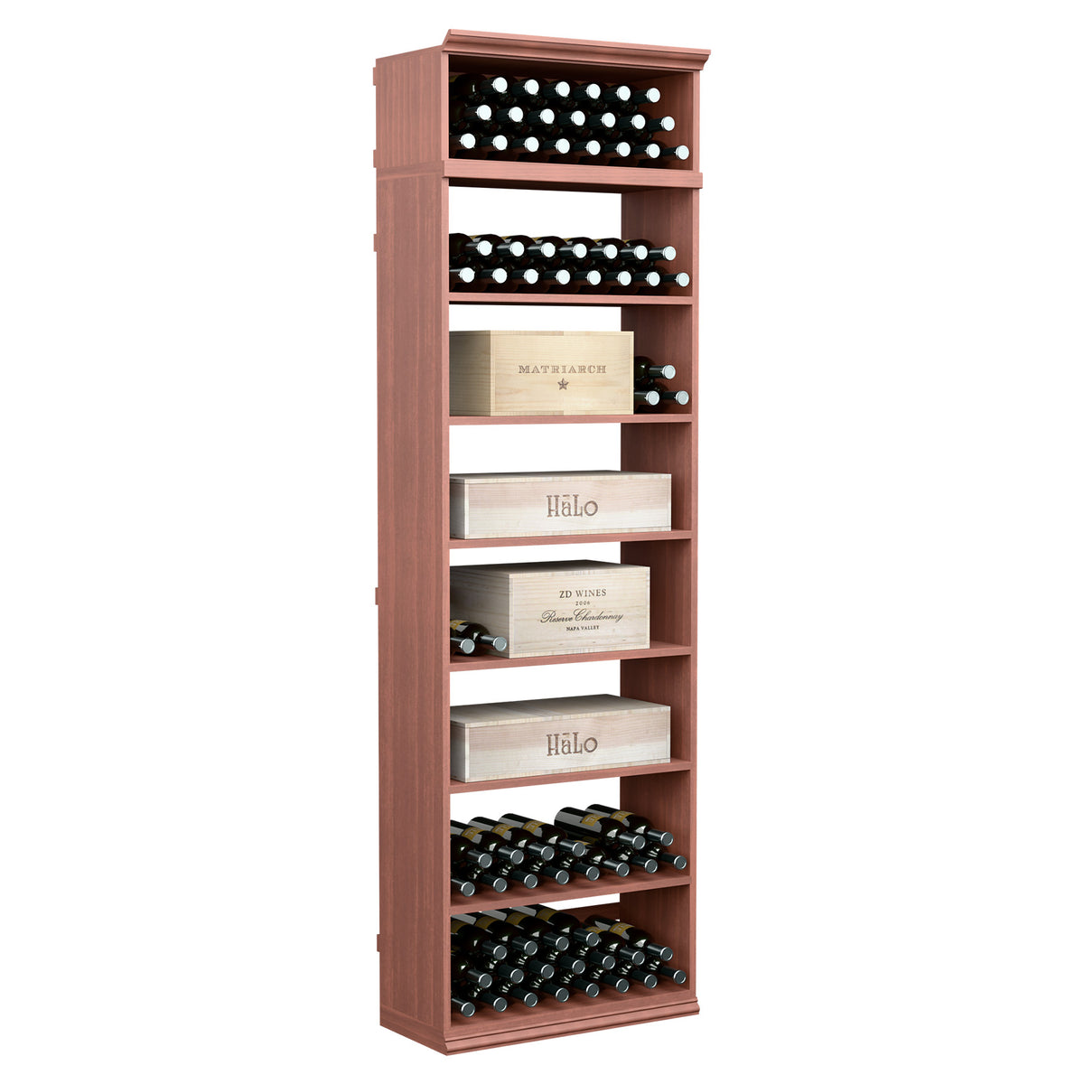 7ft wine bottle storage cabinet with open shelves and bottle rows in warm red wood