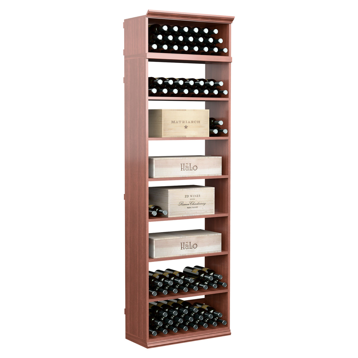 7ft wine bottle storage cabinet with front bottle rows and cubby shelves in red wood