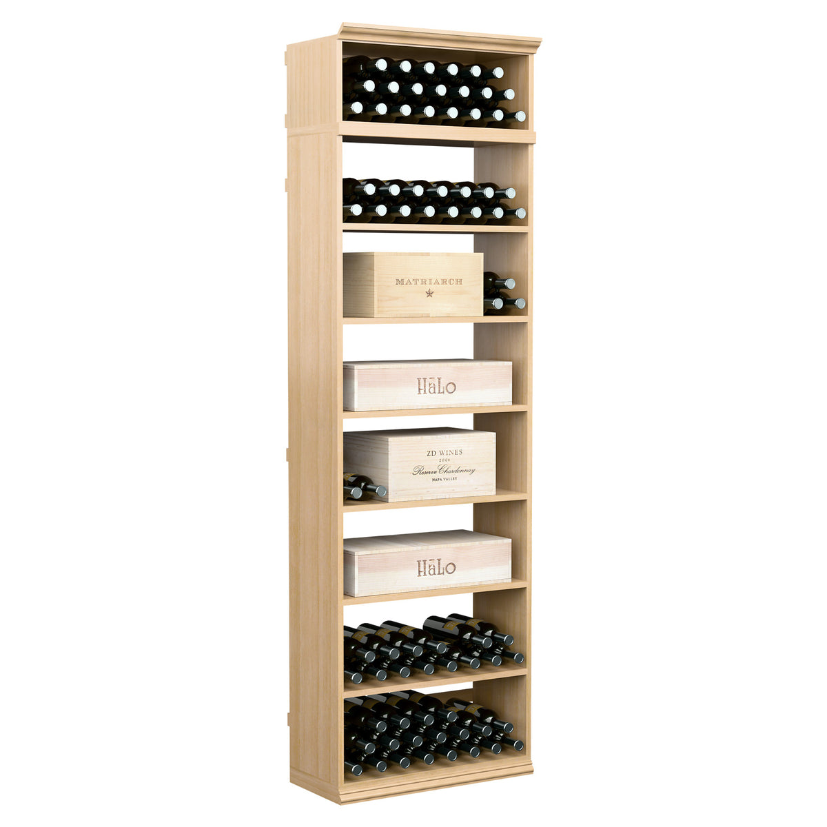 7ft wine bottle storage cabinet with stacked bottle slots and label shelves in light wood
