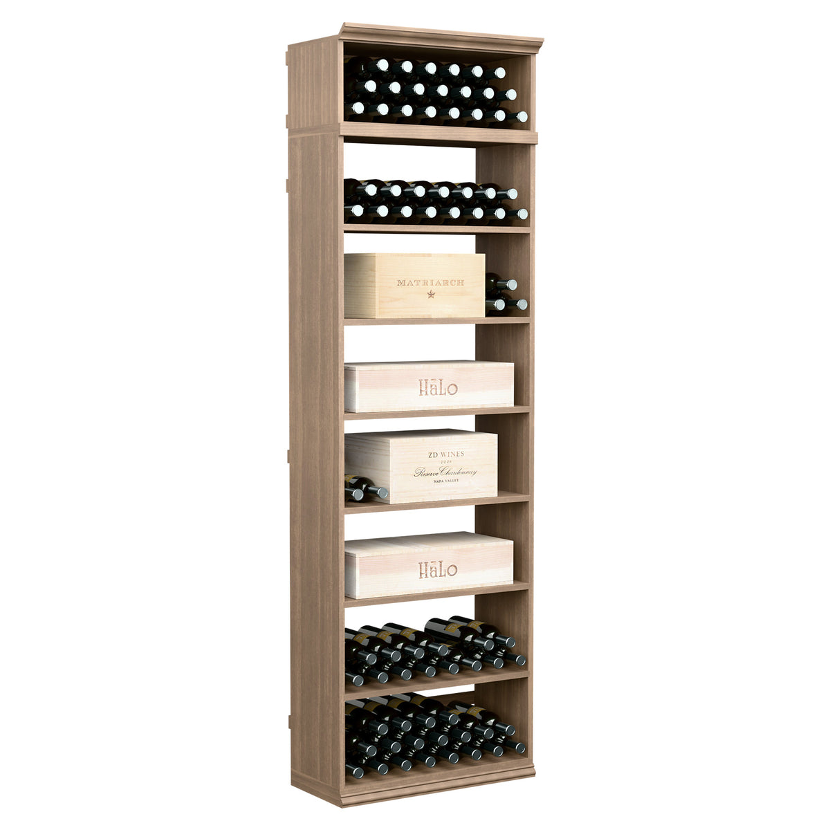 7ft wine bottle storage cabinet with open compartments and front bottle rows in medium wood