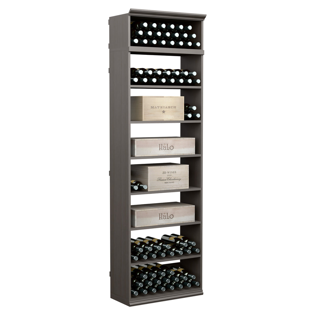 7ft wine bottle storage cabinet with open shelves and bottle rows in dark grey finish