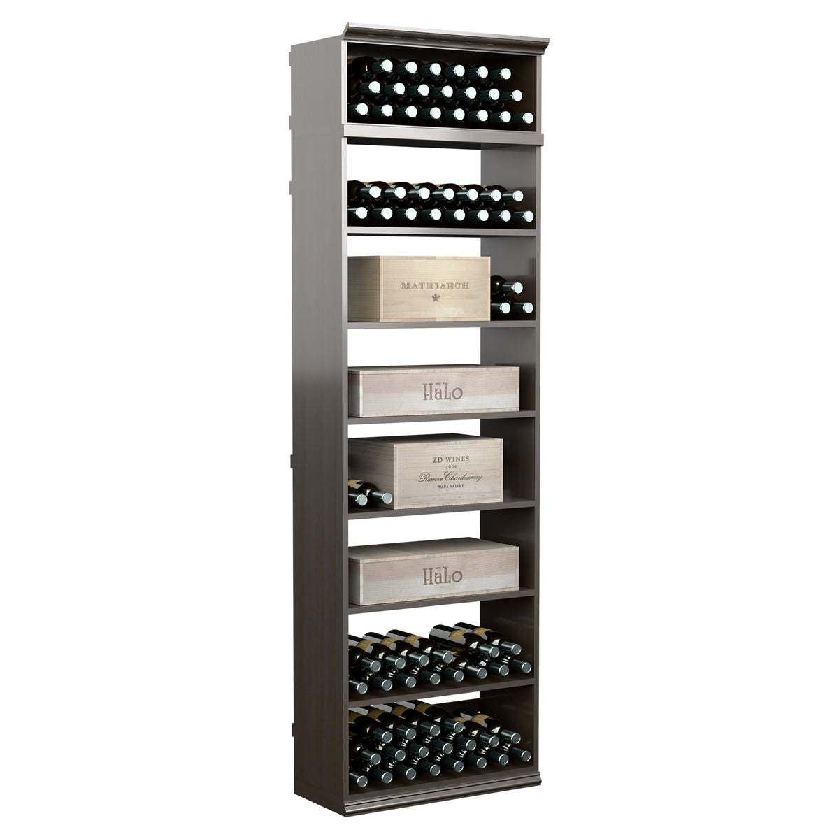 7ft wine bottle storage cabinet with stacked bottle shelves and label inserts in dark grey