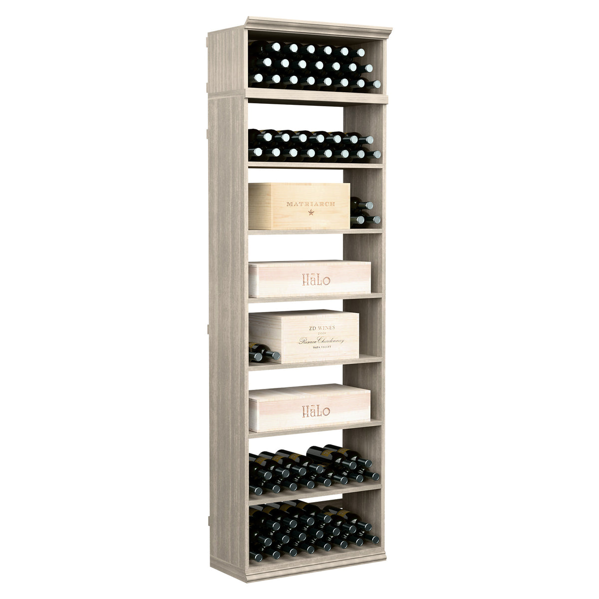 Gray wine bottle storage cabinet with open shelves and top bottle row