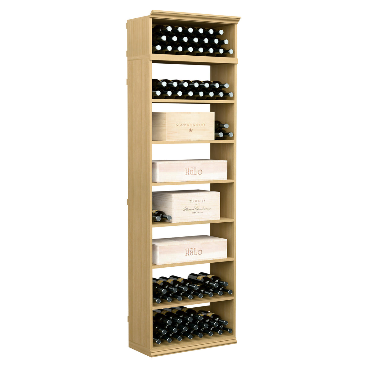 Natural wood wine cabinet with open shelves holding black wine bottles