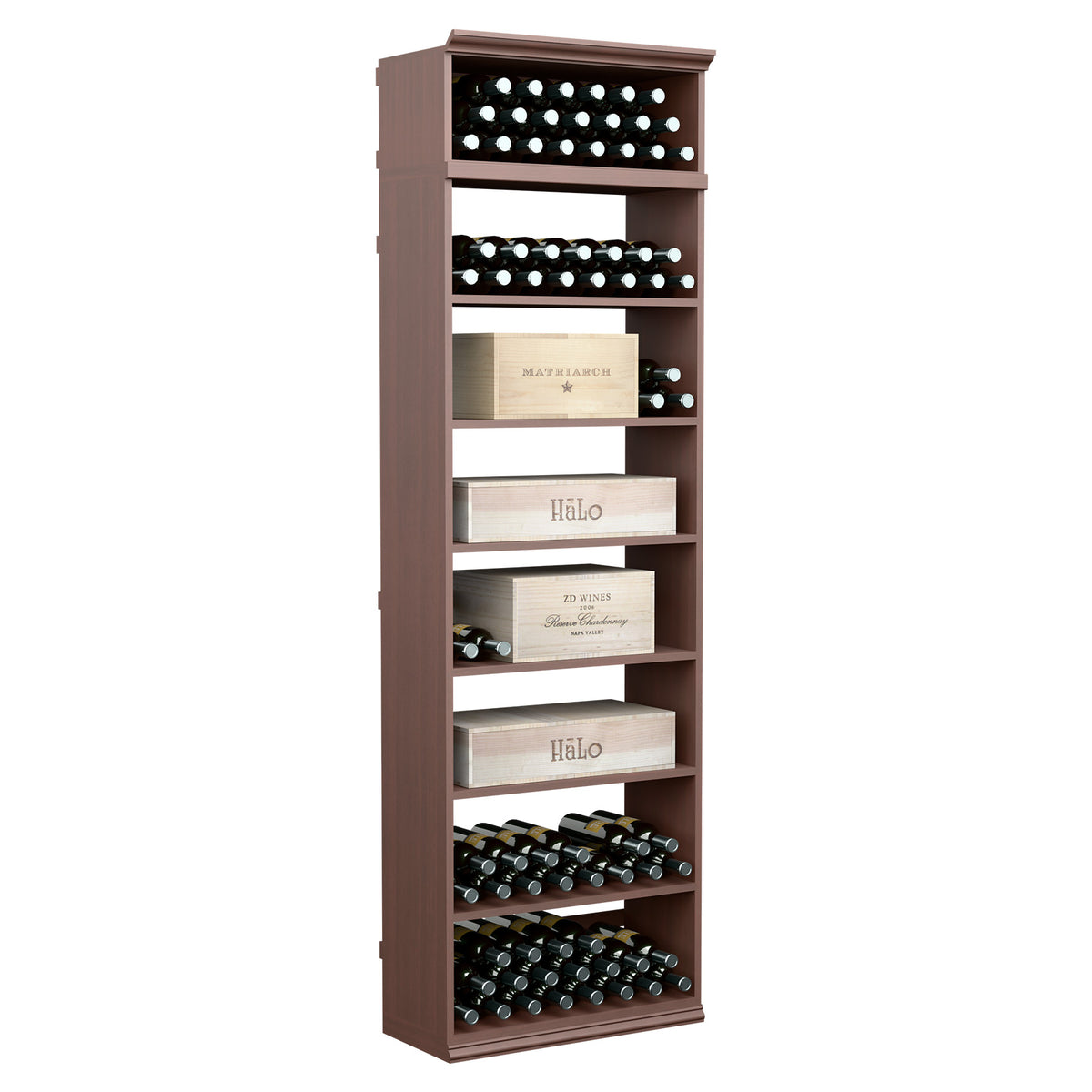 Dark brown wine cabinet with open shelves for black wine bottles and cases