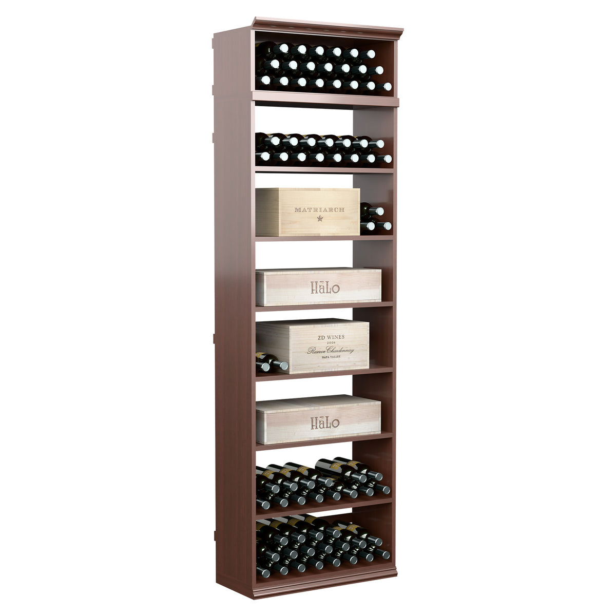 Espresso-brown wine bottle storage cabinet with open shelves and bottle rows