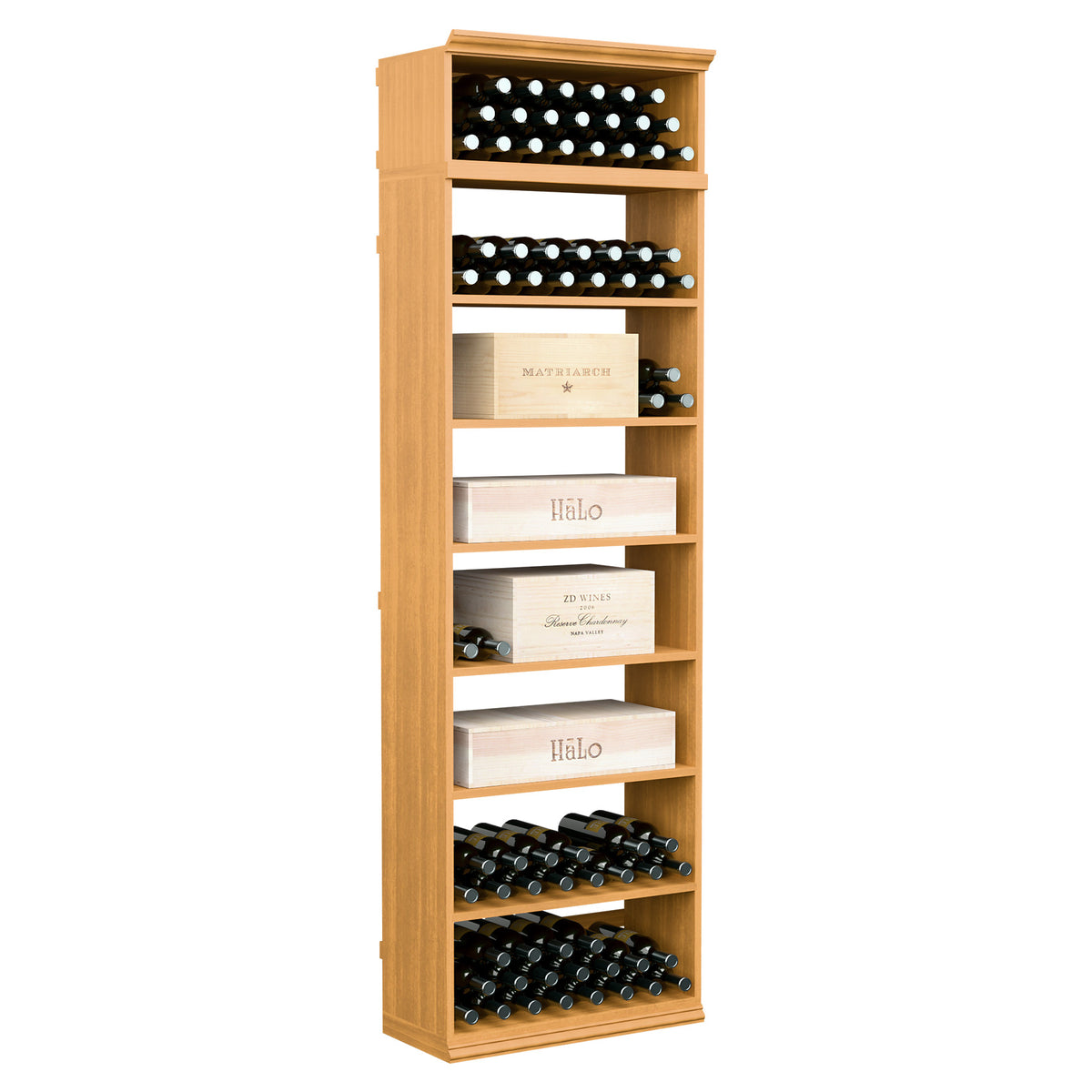 Light wood wine storage cabinet with open shelves and black bottle slots