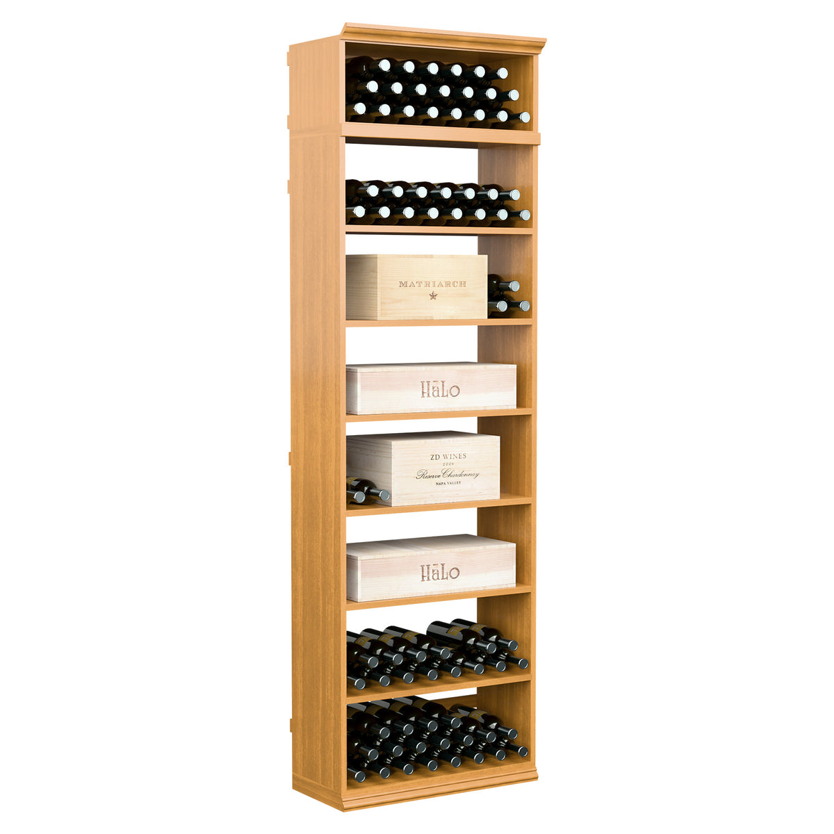 Warm wood wine bottle cabinet with open cubbies and stacked black bottle rows