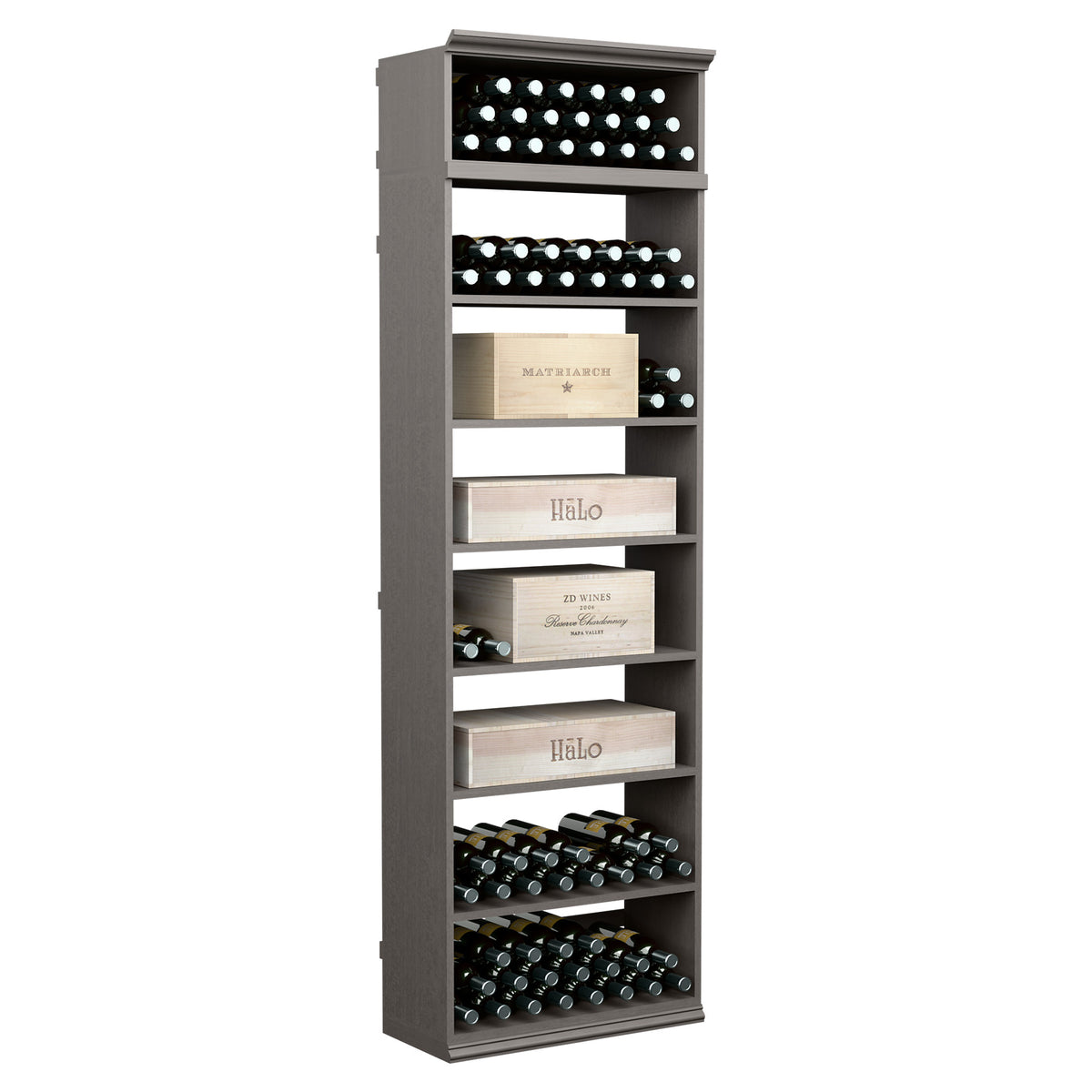 7FT rectangular wine storage cabinet, dark gray with stacked bottle slots and shelves.