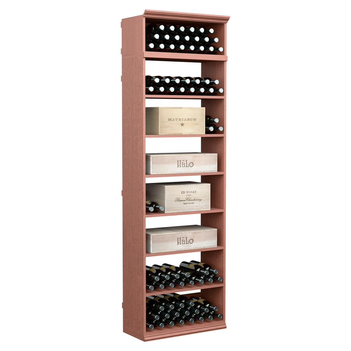 7FT rectangular wine cabinet in warm reddish wood, with horizontal bottle slots and shelves.