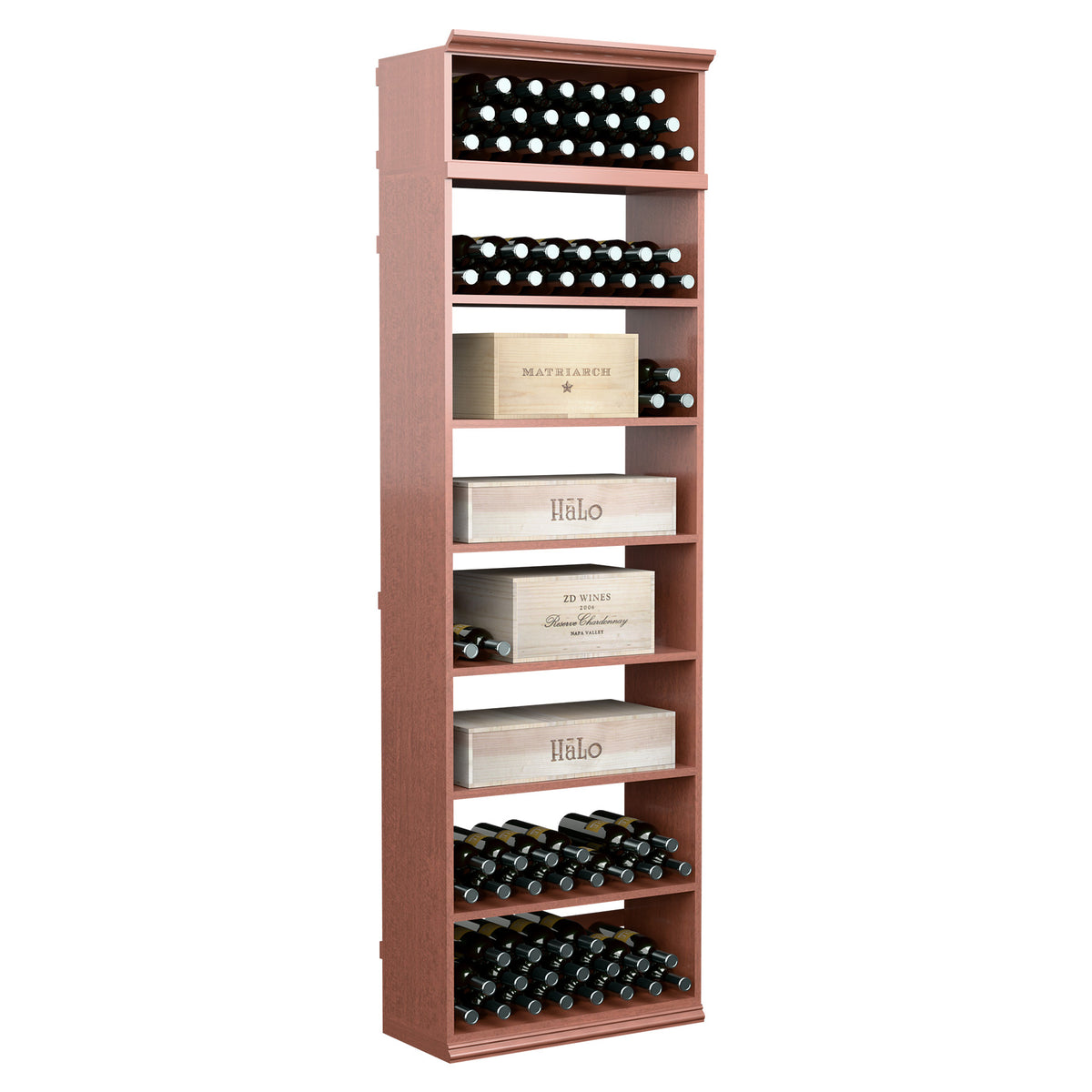 7FT wine storage cabinet, reddish-brown front with bottle rows and multiple label-ledge shelves.