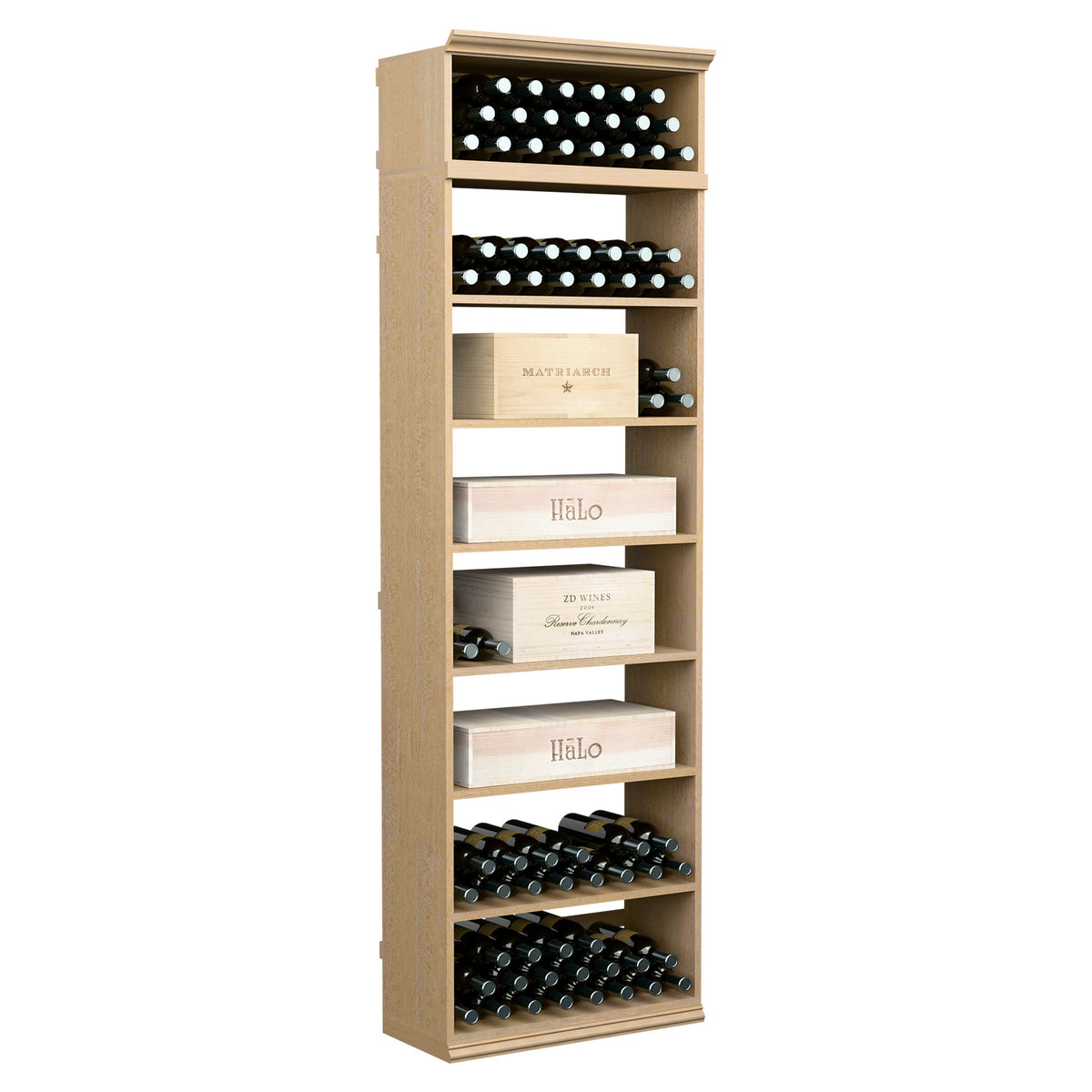 7FT rectangular wine cabinet in light wood, with horizontal bottle slots and label shelves.
