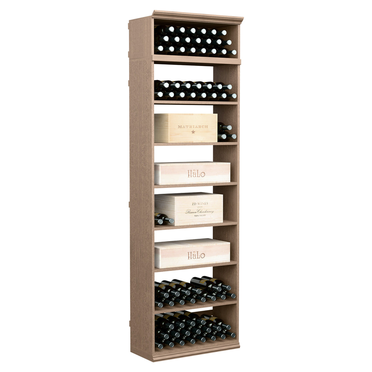 7FT light wood wine cabinet, front shows horizontal bottle slots and stacked display shelves.