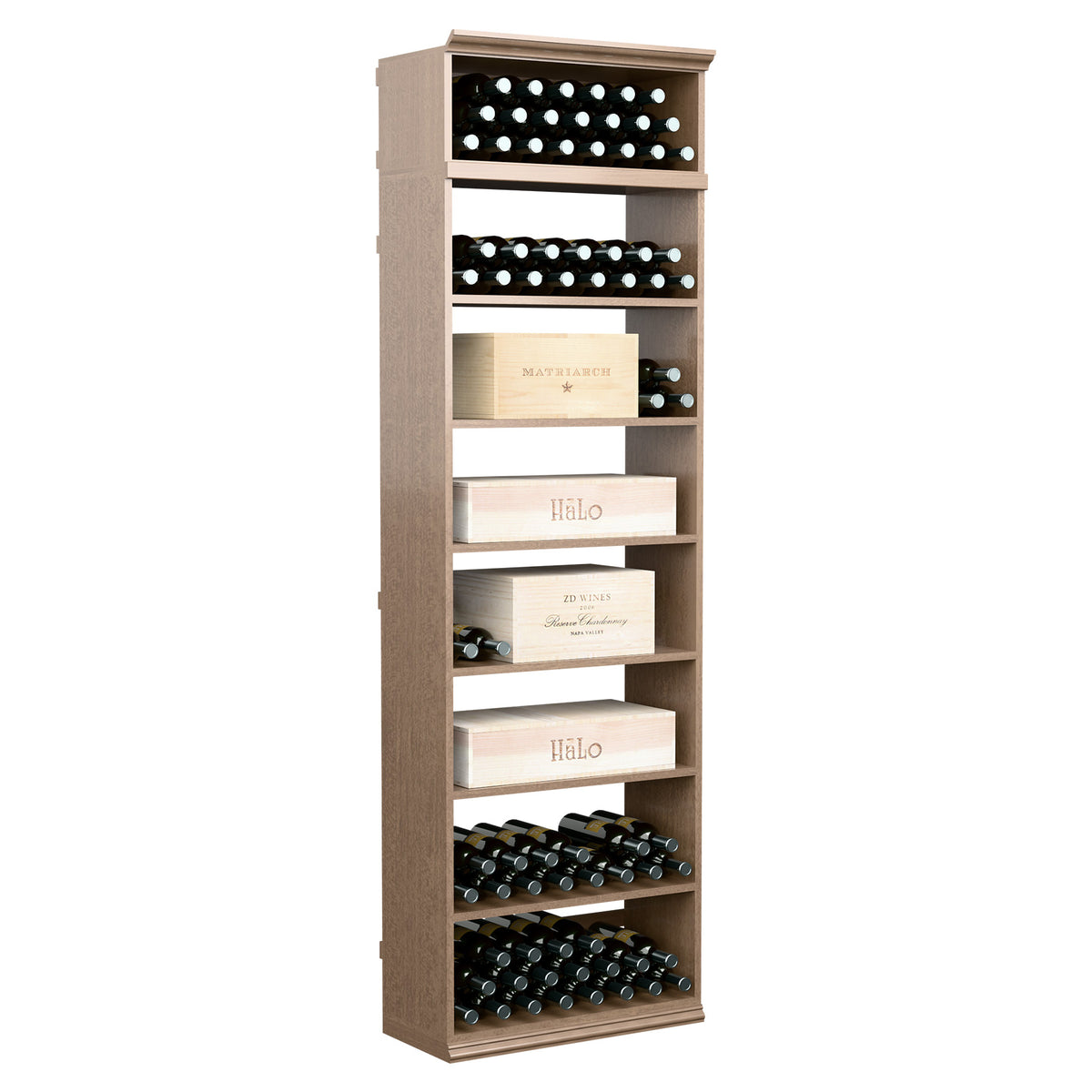 7FT light wood rectangular wine storage cabinet with horizontal bottle slots and label shelves.