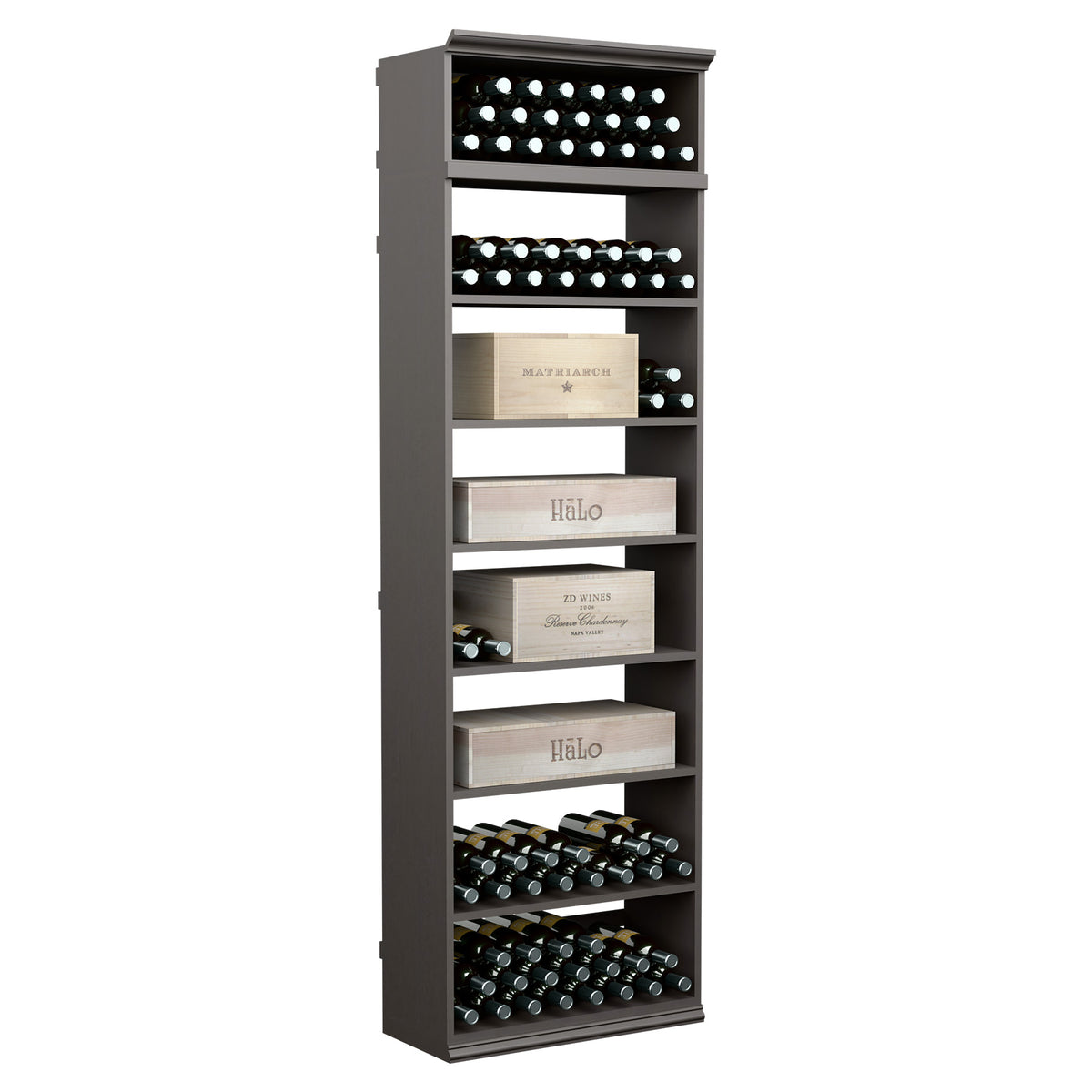 7FT rectangular wine storage cabinet, dark gray finish with horizontal bottle rows and shelves.