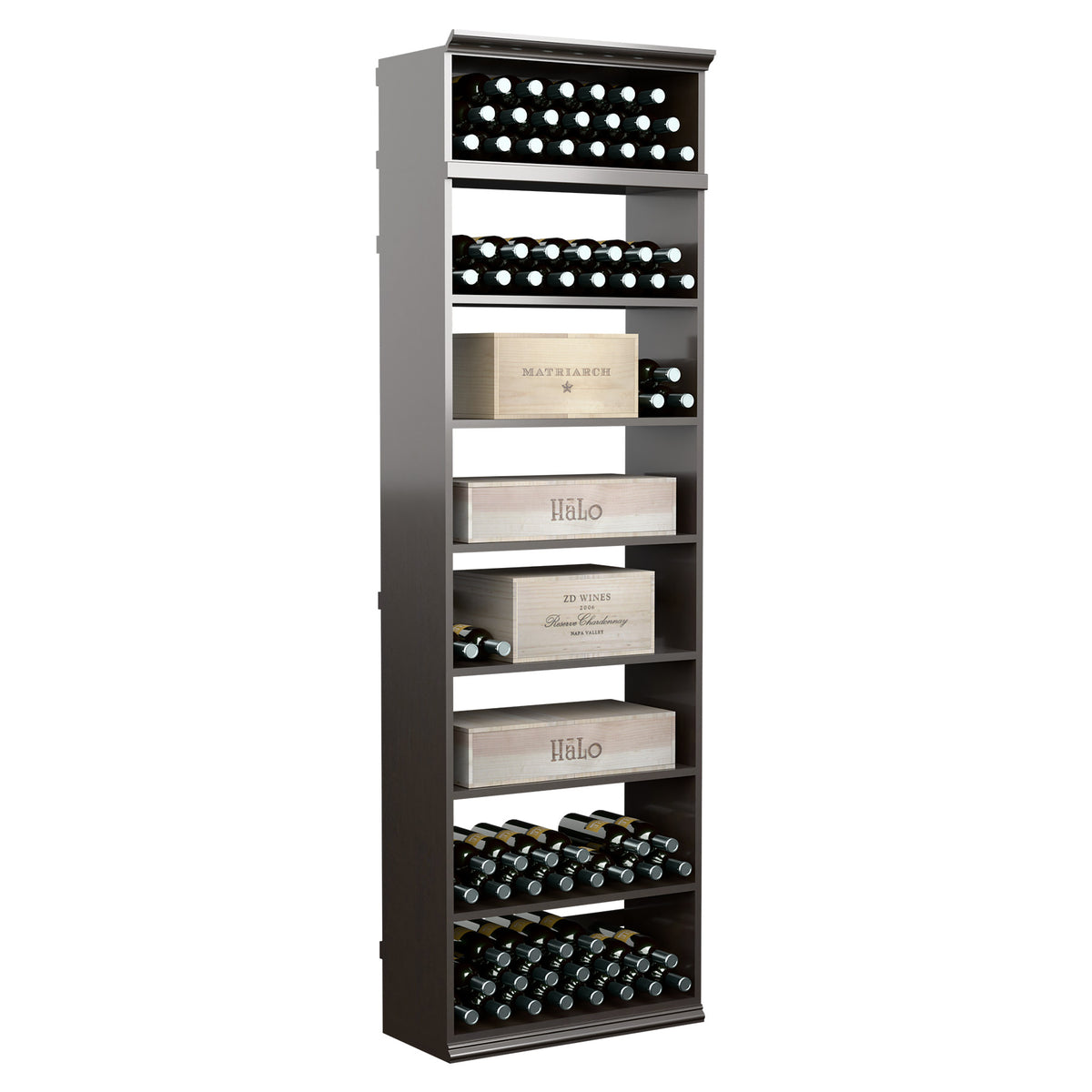 7FT wine cabinet in dark gray, front view with stacked bottle slots and display ledges.
