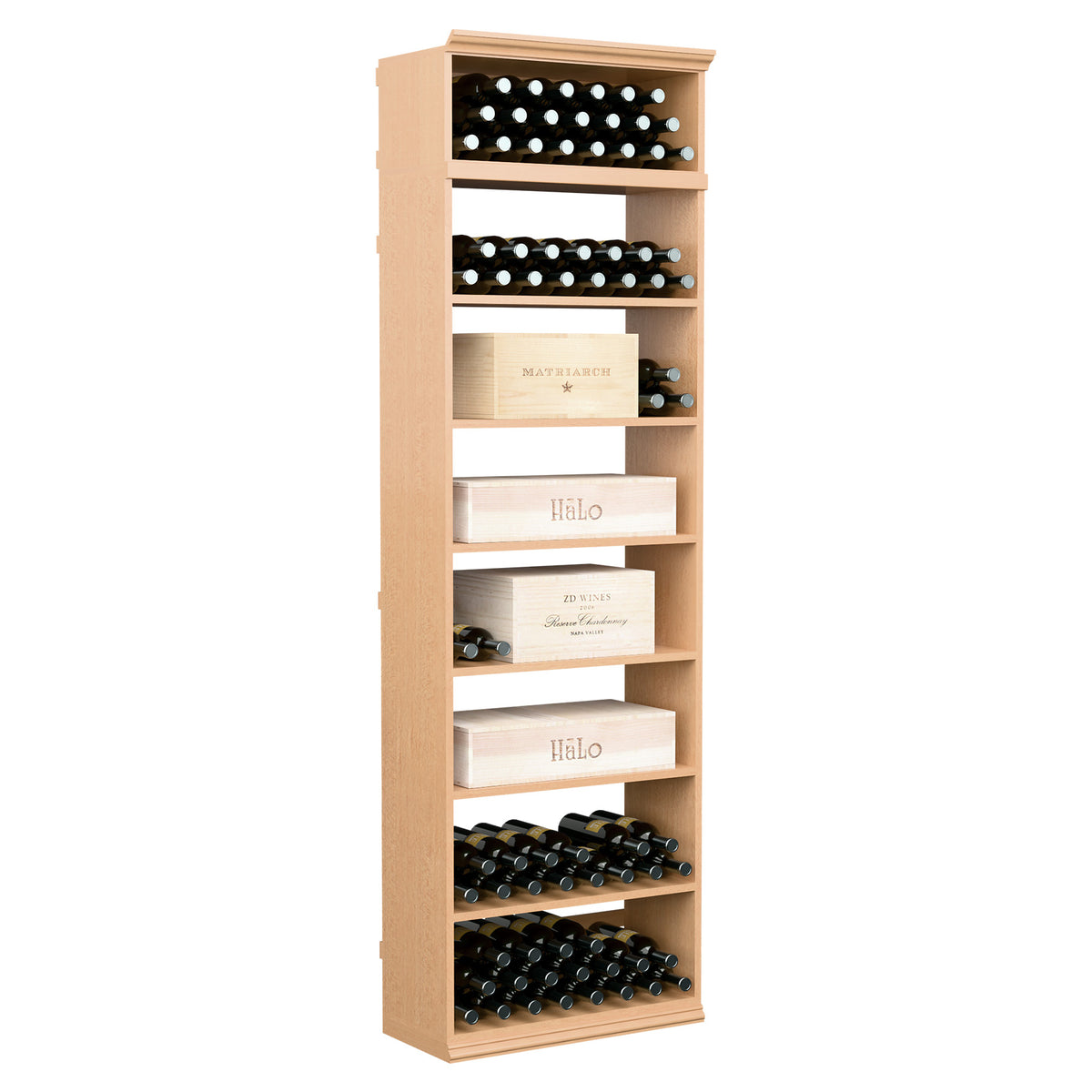 Light wood wine bottle storage cabinet with open shelves and neatly arranged slots