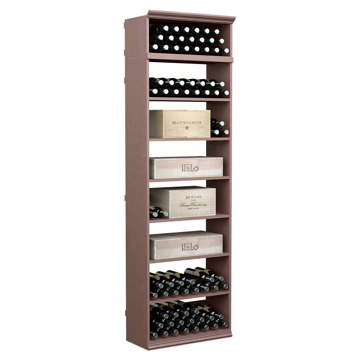 Dark brown rectangular wine bottle storage cabinet with open compartments and bottle slots