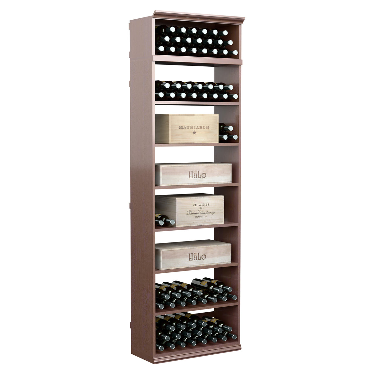 Espresso-brown wine bottle storage cabinet with open shelves and bottle slots