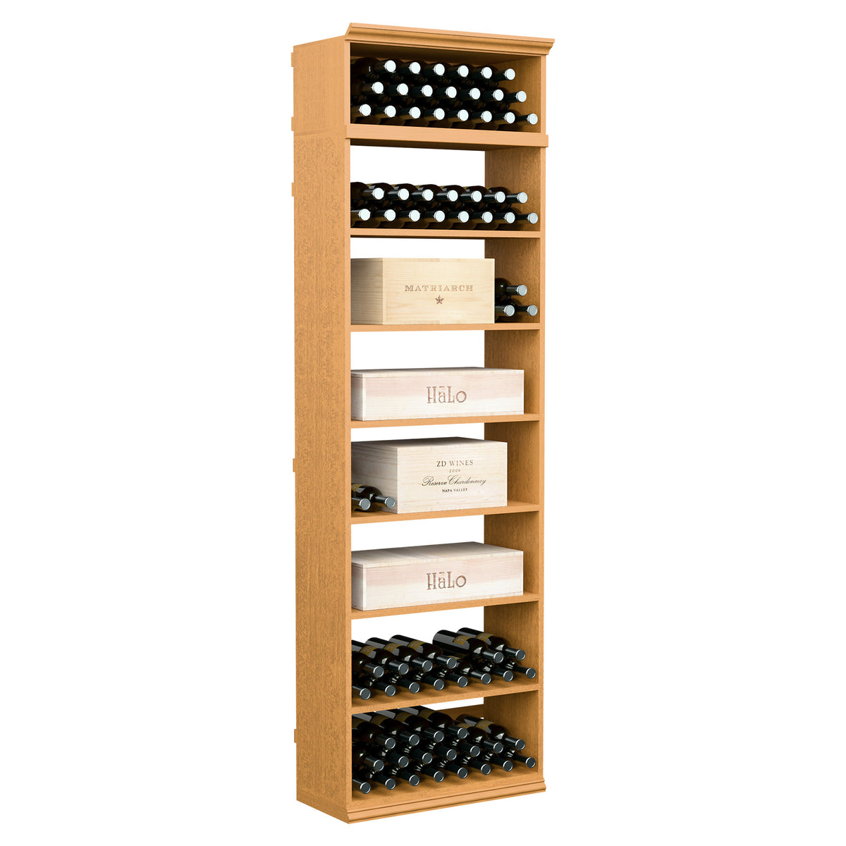 Pine-toned rectangular wine bottle storage cabinet with open cubbies for bottles