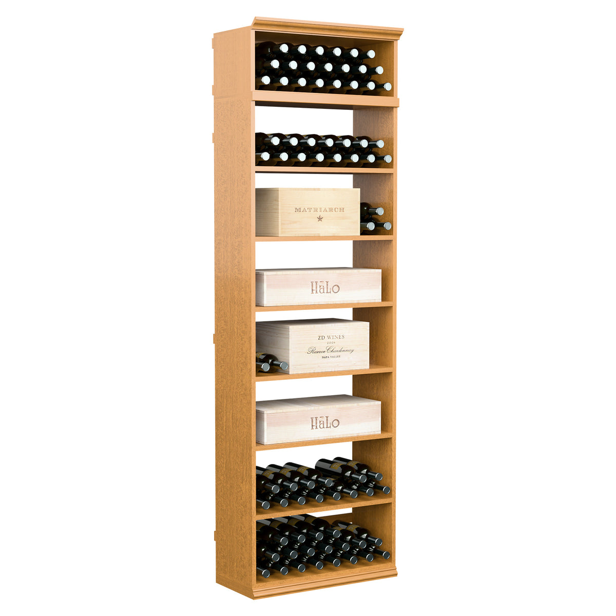 Honey wood wine bottle storage cabinet with open shelves and bottle slot rows