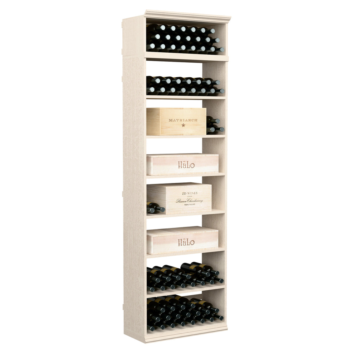 Cream-colored wine bottle storage cabinet with open shelves and bottle slots