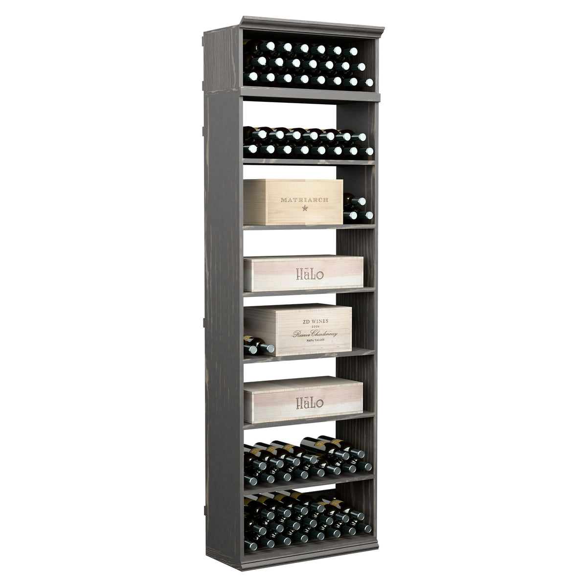 7ft rectangular wine and case bin with dark grey shelves and bottle slots