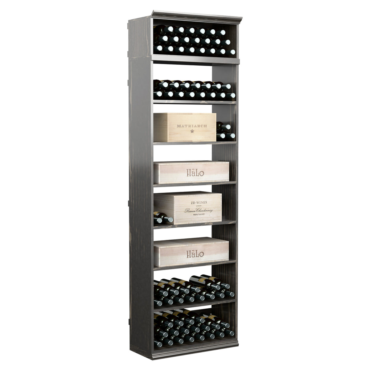 Dark grey 7ft wine bin with stacked wine bottle holders and case shelves
