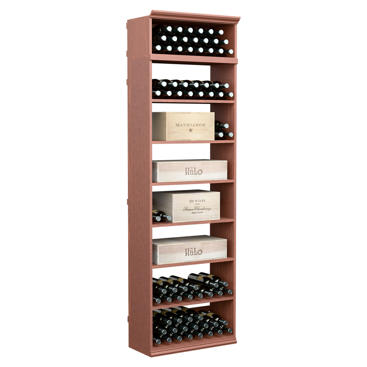 7ft rectangular wine and case bin in reddish wood with bottle slots and shelves