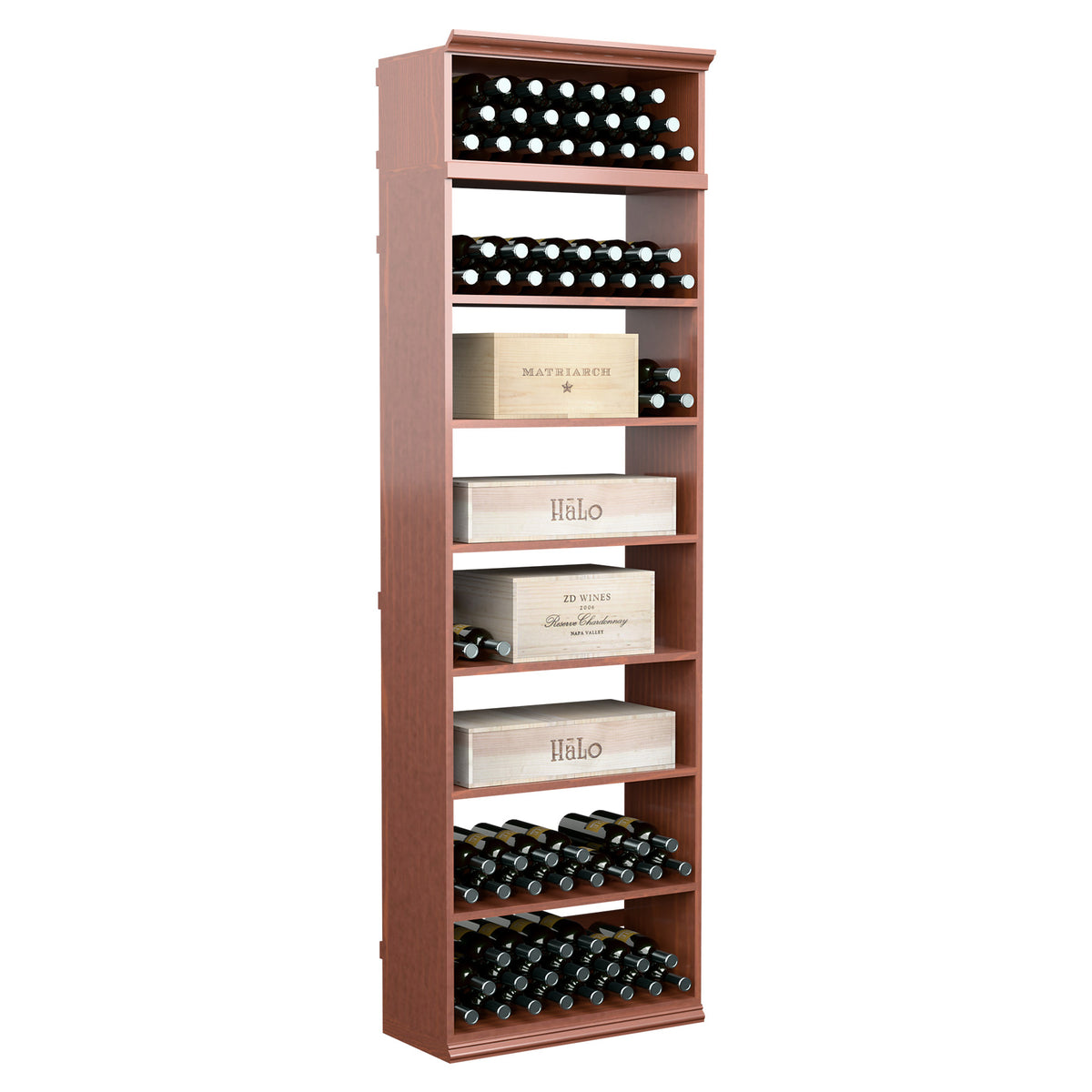 Reddish-brown 7ft wine bin with wine bottle holders and compartment shelves
