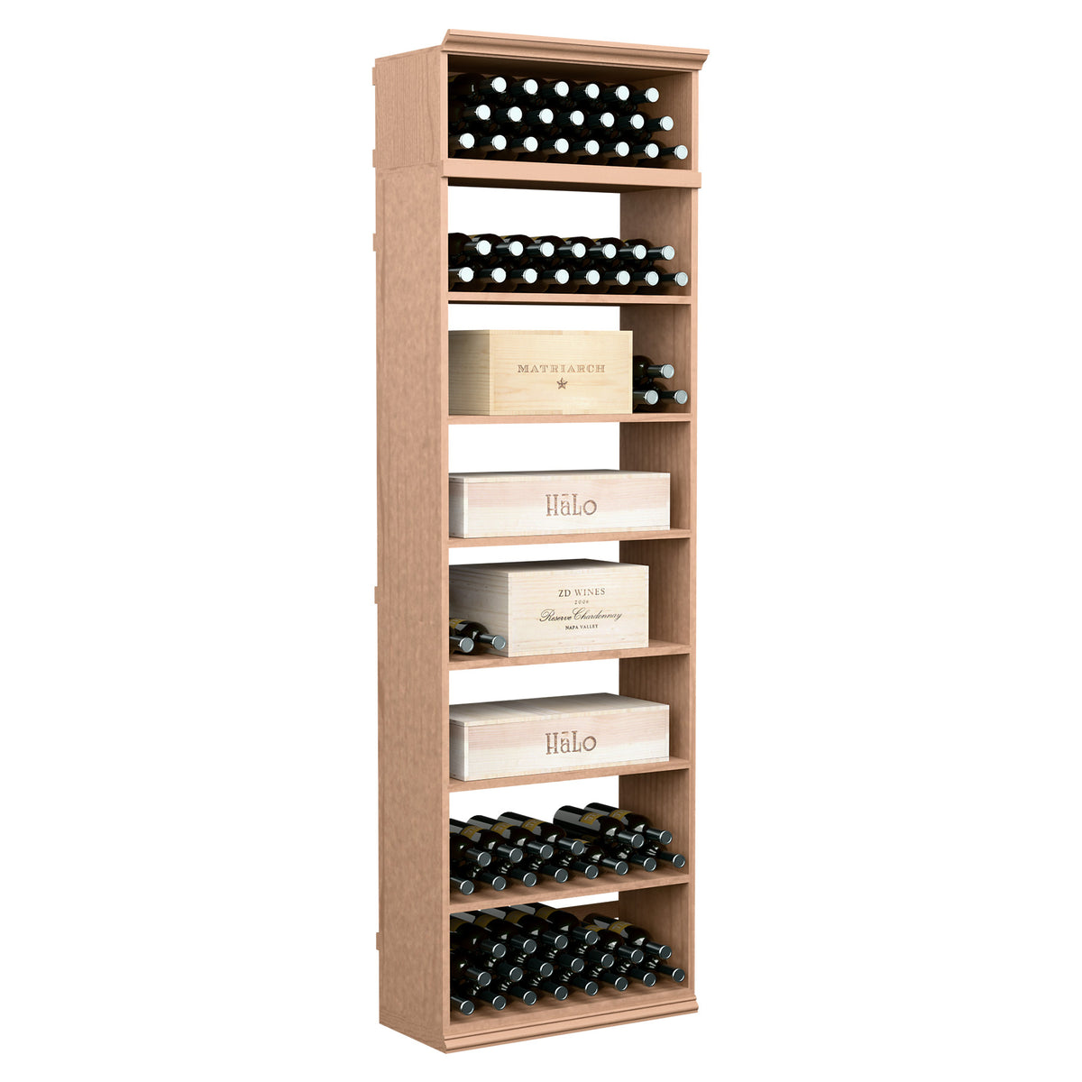 7ft rectangular wine and case bin in light wood with bottle slots and drawer-style shelves