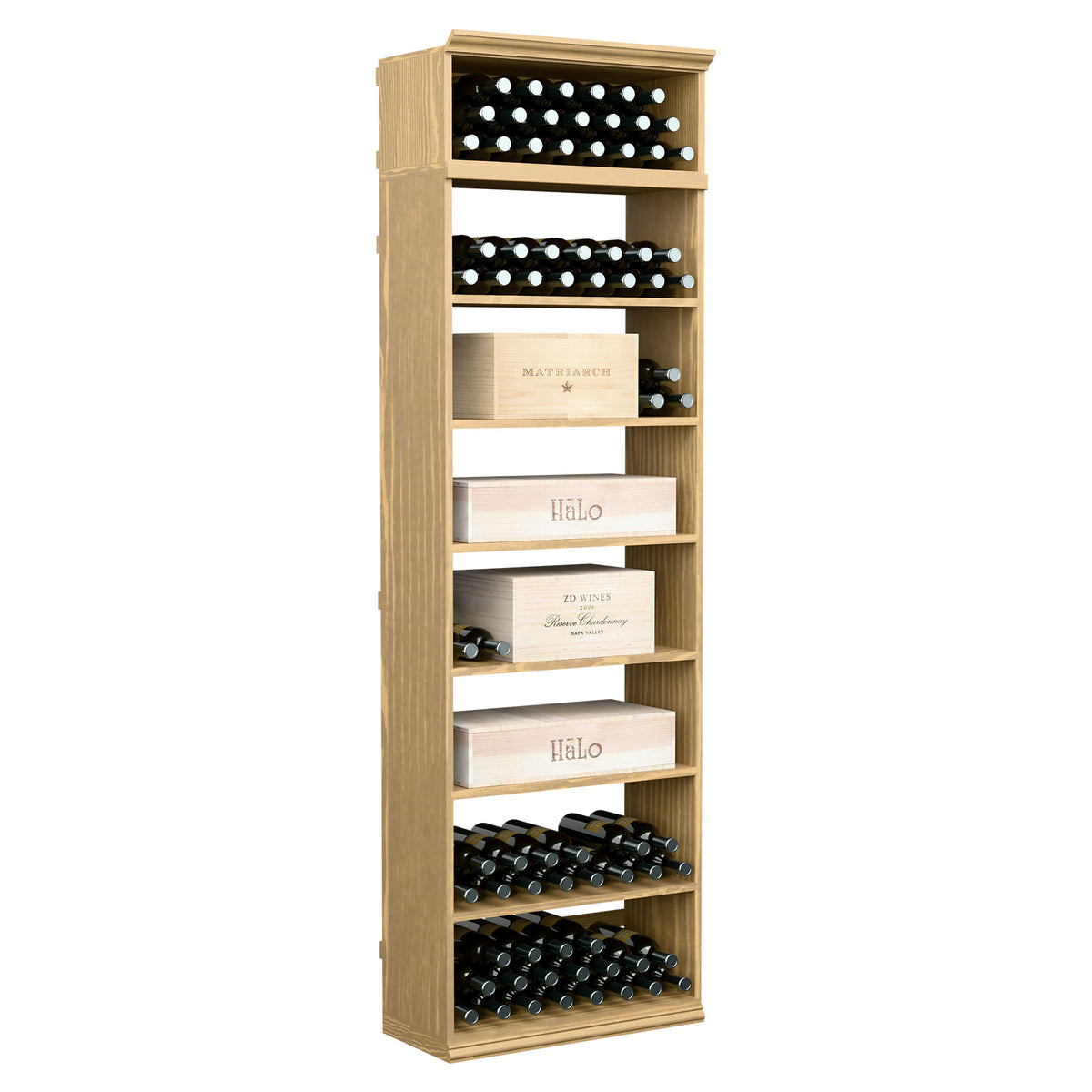 Natural light-wood 7ft rectangular wine bin with rows of bottle slots and case shelves