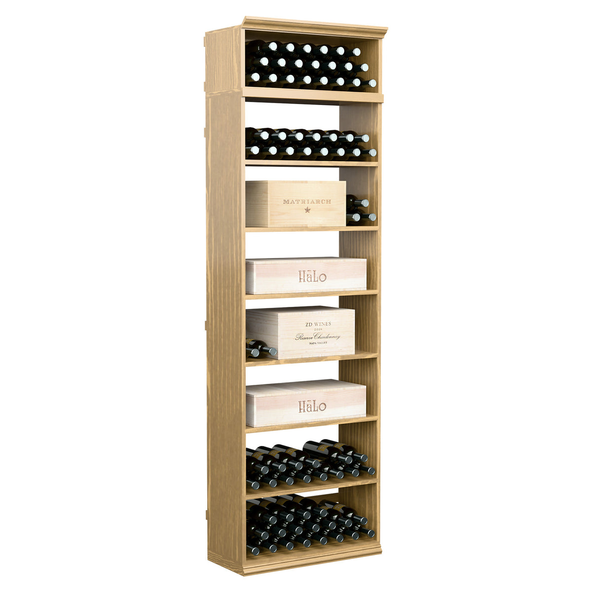 Light wood 7ft wine and case bin with bottle rows and stepped display shelves