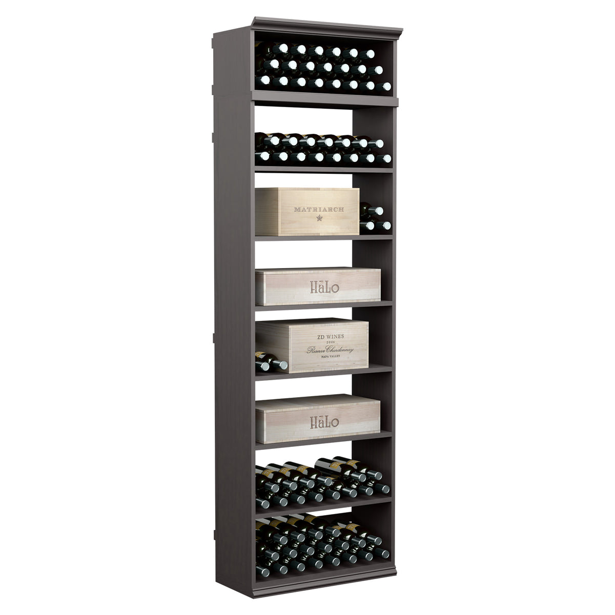 Dark grey 7ft wine bin with open shelves for cases and rows of bottle slots